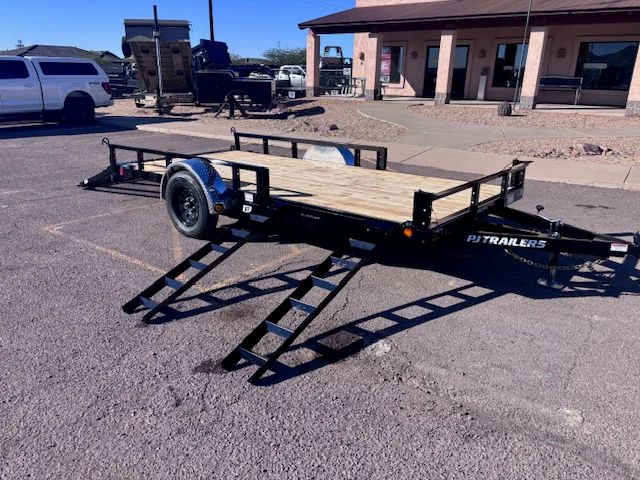 PJ Trailers 14'x77" Single Axle Channel Utility Trailer w/ Fold-In Ramp Gate & ATV Side Ramps (U7)