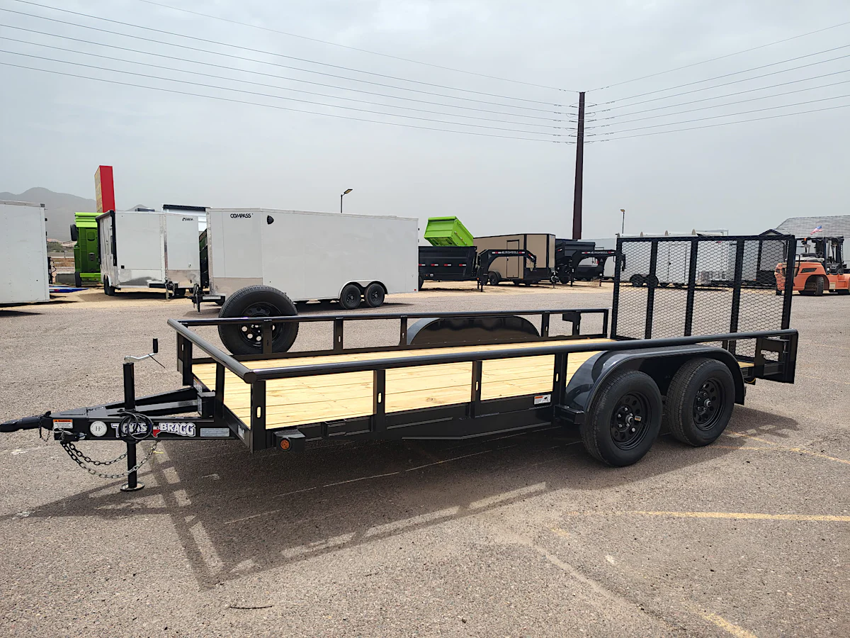 Texas Bragg Texas Bragg 16'x83" Pipe-Top Utility Trailer w/ 4' Ramp Gate (16POW) - Stock #TXB020 - Image 1 of 7 Texas Bragg Texas Bragg 16'x83" Pipe-Top Utility Trailer w/ 4' Ramp Gate (16POW) - Stock #TXB020 - Image 1 of 7