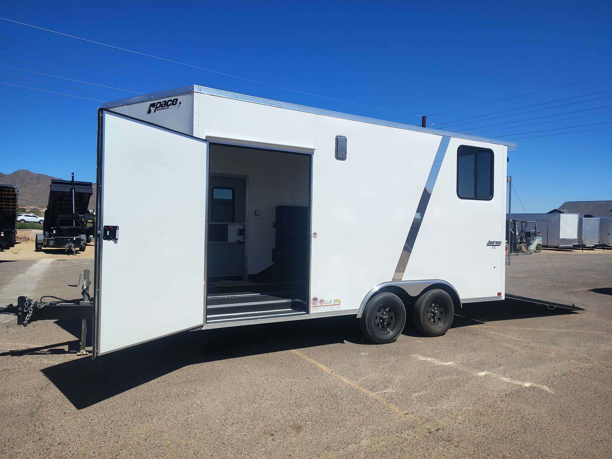 Pace American 16x8.5 Journey SE Flat Top Sloped V-Nose Car Hauler, 7K GVWR, Slider Window, AC/Heat, Jacknife Sofa, Insulated Walls/Ceiling, Drive Over Wheel Boxes, Rubber Flooring, Power Awning - Stock #CMP2880 - Image 2 of 16