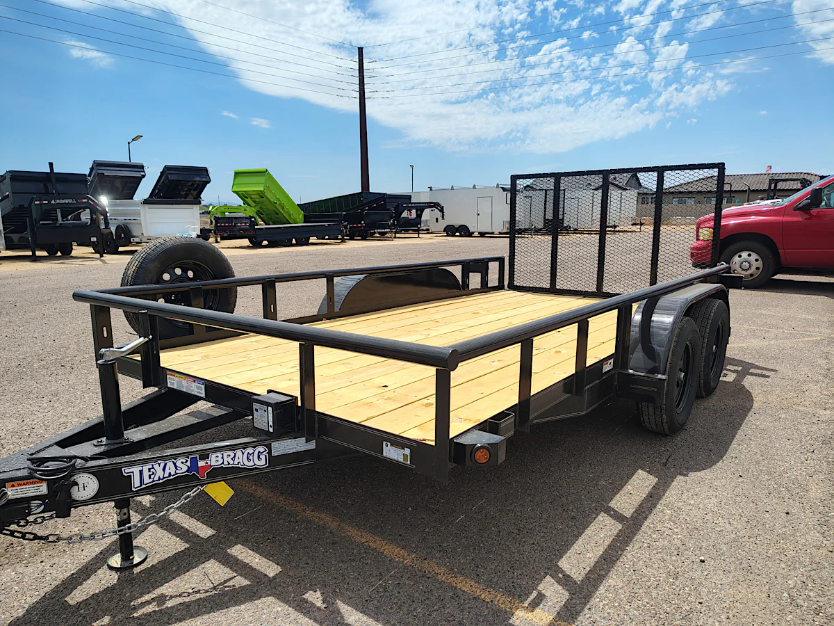 Texas Bragg Texas Bragg 14'x83" Pipe-Top Utility Trailer w/ 4' Ramp Gate (14POW) - Stock #TXB026 - Image 1 of 6 Texas Bragg Texas Bragg 14'x83" Pipe-Top Utility Trailer w/ 4' Ramp Gate (14POW) - Stock #TXB026 - Image 1 of 6