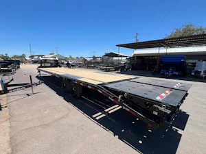 PJ Trailers 36' Gooseneck Low-Pro Flatdeck with Singles, 15,680 GVWR, Monster Ramps, 14 Ply Tires