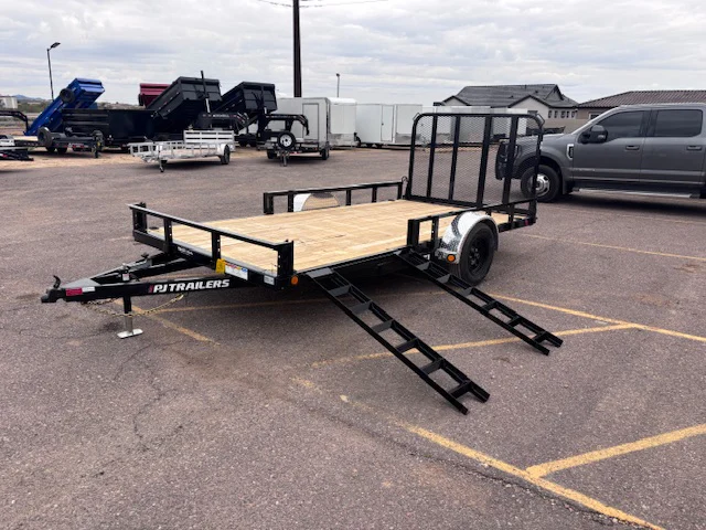 PJ Trailers 14'x83" Single Axle Channel Utility Trailer w/ Fold-In Ramp Gate & ATV Side Ramps (U8)
