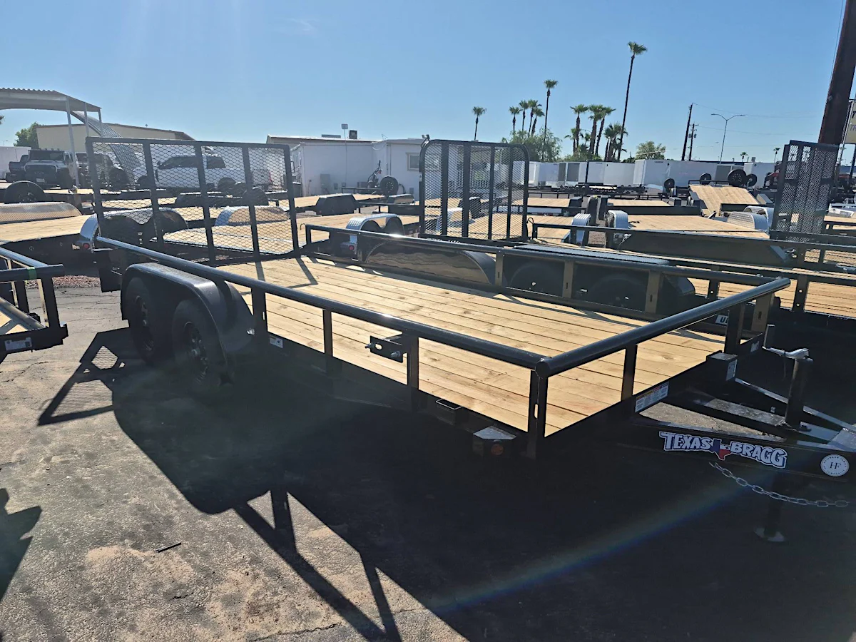 Texas Bragg Texas Bragg 16'x83" Pipe-Top Utility Trailer w/ 4' Ramp Gate (16POW) - Stock #TXB012 - Image 1 of 4 Texas Bragg Texas Bragg 16'x83" Pipe-Top Utility Trailer w/ 4' Ramp Gate (16POW) - Stock #TXB012 - Image 1 of 4