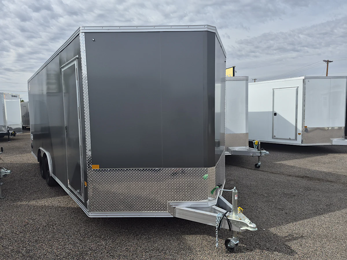 Alcom 20x8.5 All Aluminum, XLT-P Car Hauler, Elite Escape Door, 7K GVWR, Ramp Door - Stock #ALC256 - Image 1 of 5 Alcom 20x8.5 All Aluminum, XLT-P Car Hauler, Elite Escape Door, 7K GVWR, Ramp Door - Stock #ALC256 - Image 1 of 5