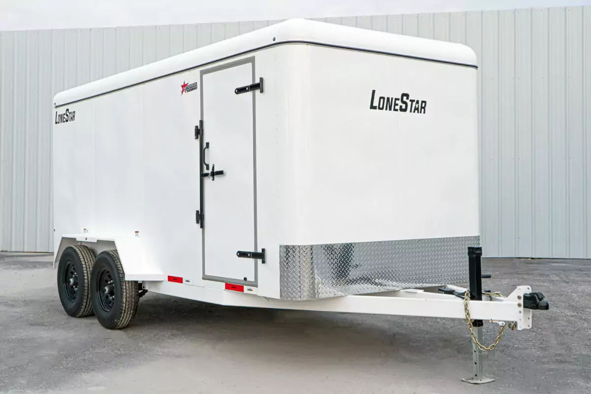 white enclosed steel cargo trailer