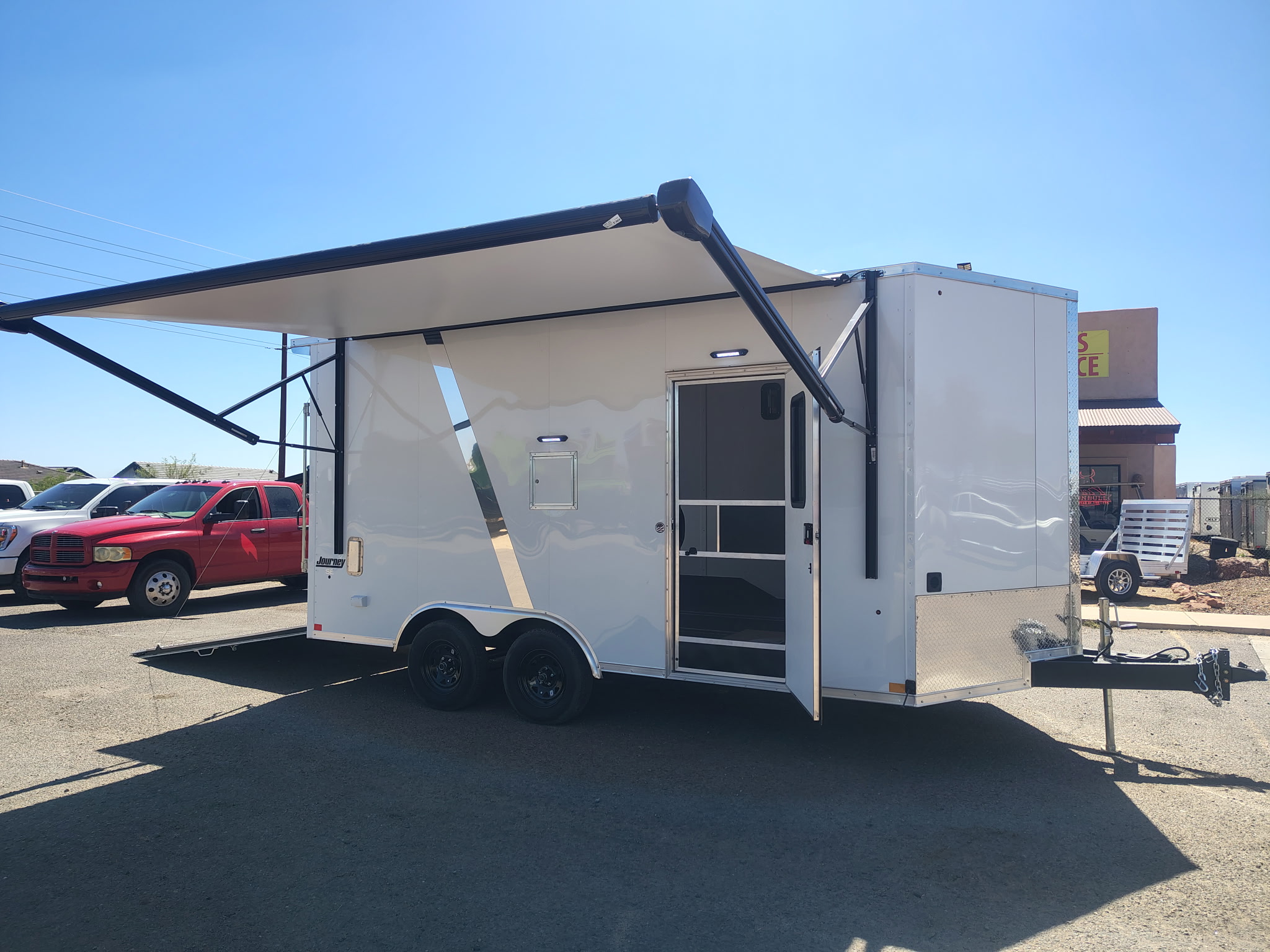 Pace American 16x8.5 Journey SE Flat Top Sloped V-Nose Car Hauler, 7K GVWR, Slider Window, AC/Heat, Jacknife Sofa, Insulated Walls/Ceiling, Drive Over Wheel Boxes, Rubber Flooring, Power Awning - Stock #CMP2880 - Image 6 of 16