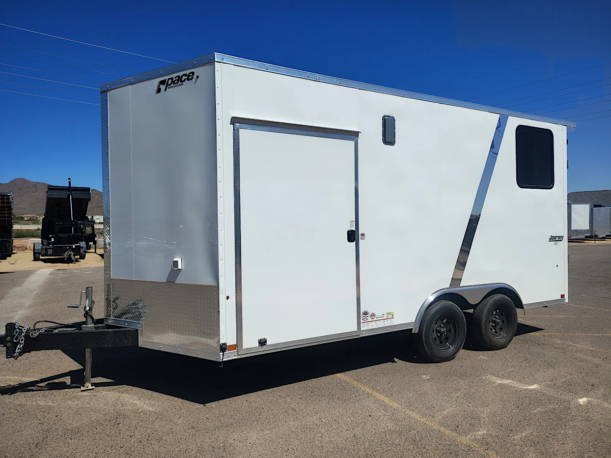 Pace American 16x8.5 Journey SE Flat Top Sloped V-Nose Car Hauler, 7K GVWR, Slider Window, AC/Heat, Jacknife Sofa, Insulated Walls/Ceiling, Drive Over Wheel Boxes, Rubber Flooring, Power Awning - Stock #CMP2880 - Image 1 of 16 Pace American 16x8.5 Journey SE Flat Top Sloped V-Nose Car Hauler, 7K GVWR, Slider Window, AC/Heat, Jacknife Sofa, Insulated Walls/Ceiling, Drive Over Wheel Boxes, Rubber Flooring, Power Awning - Stock #CMP2880 - Image 1 of 16